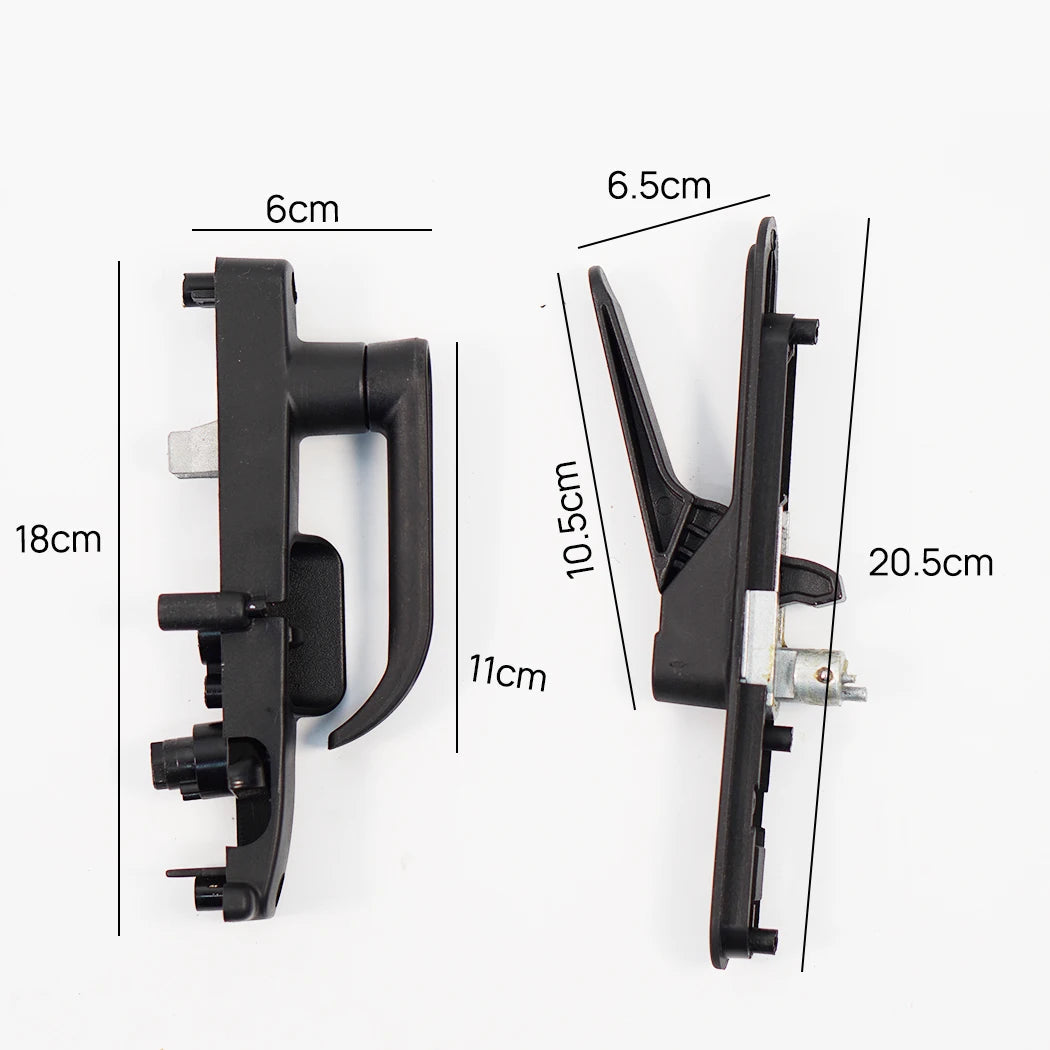 3-Point Caravan Door Lock handle in front and side profile views with width, height and depth measurements in centimetres.