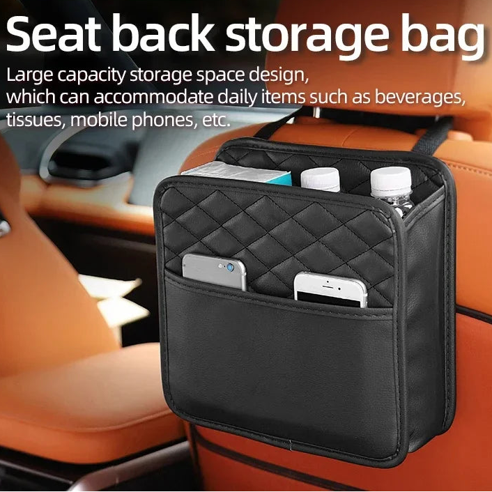Car seat back storage bag with large capacity pockets for drinks, phone and tissues