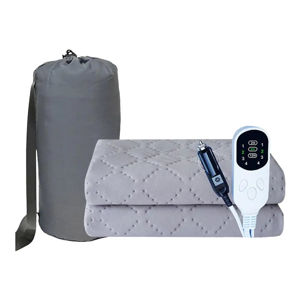 Heated Travel Car Blanket folded beside its grey storage bag and 12V controller with 2, 8 and 12 hour heat timer settings