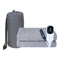 Heated Travel Car Blanket folded beside its grey storage bag and 12V controller with 2, 8 and 12 hour heat timer settings