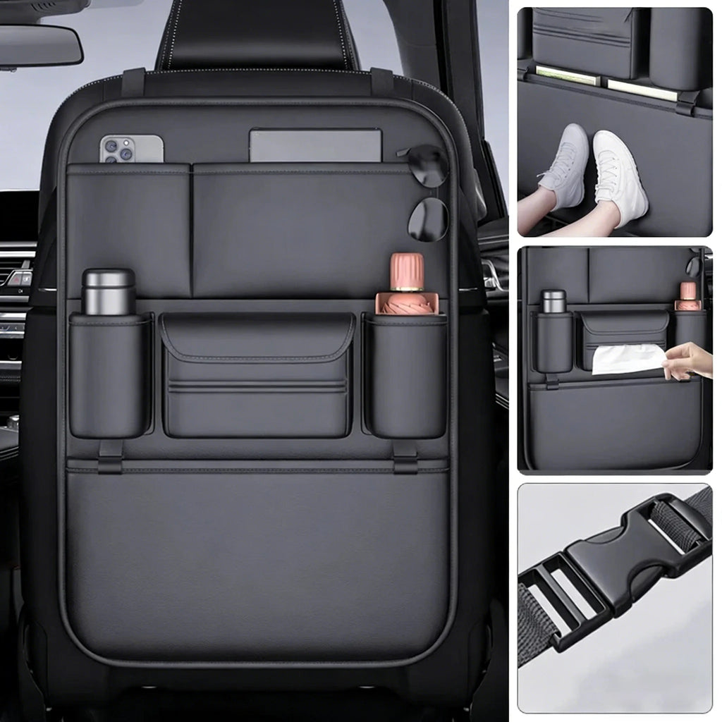 Car backseat organiser mounted on seat with phone and tablet pockets, tissue pocket and adjustable buckle strap