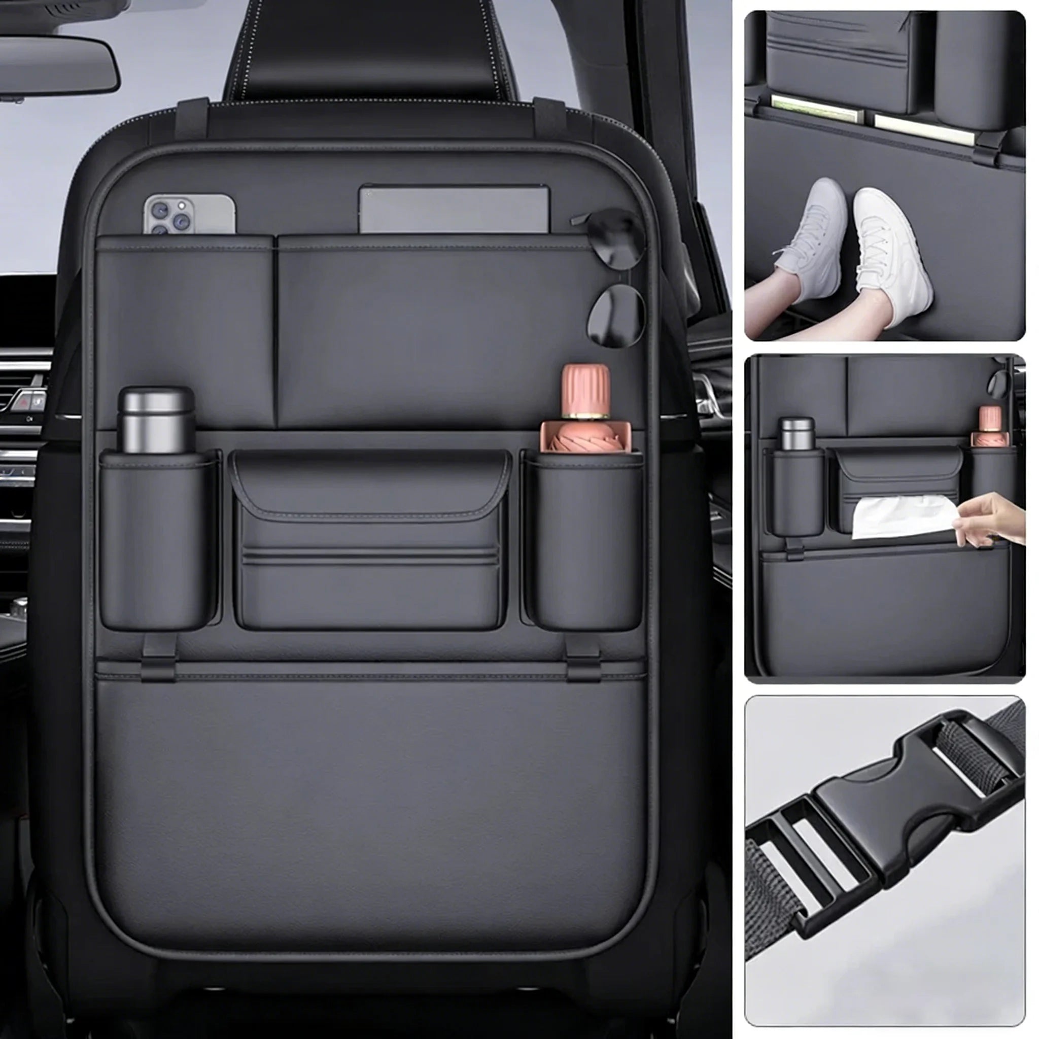 Car backseat organiser mounted on seat with phone and tablet pockets, tissue pocket and adjustable buckle strap