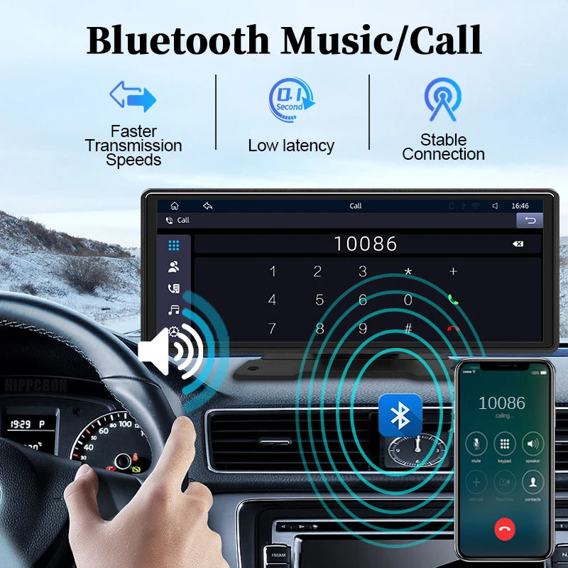Driver using Bluetooth hands-free calling on the 10.26 Inch CarPlay Android Auto Mirror Monitor while driving