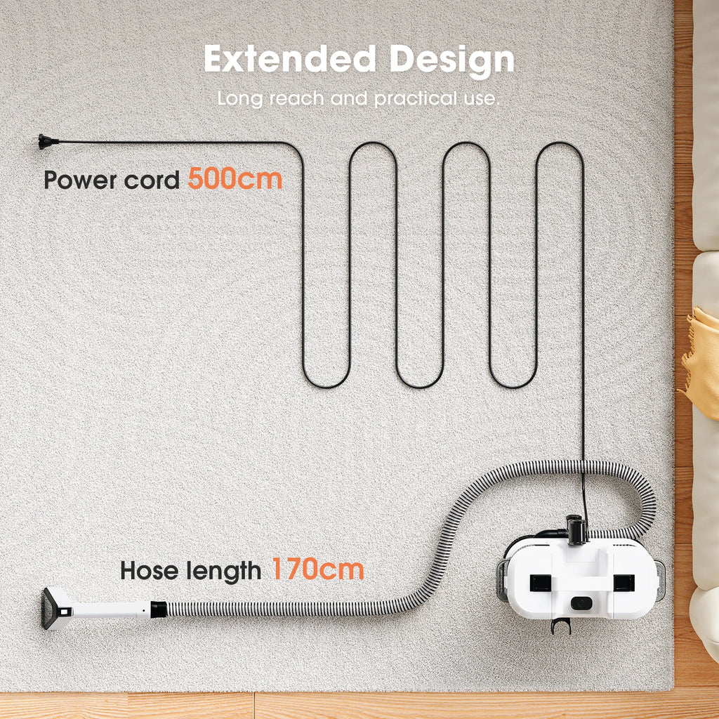 Portable Upholstery Spot Cleaner with 500 cm power cord and 170 cm hose laid out on a rug
