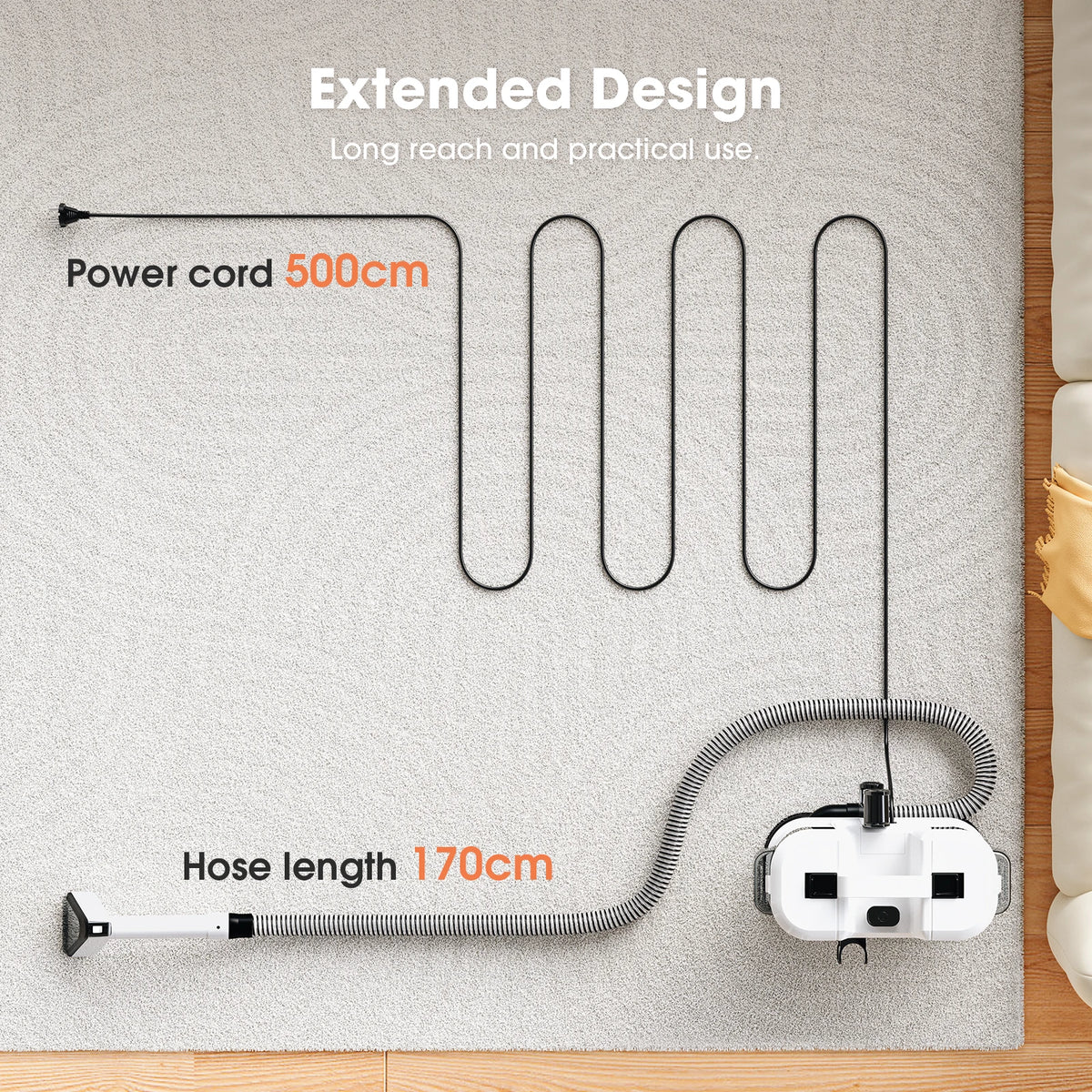 Portable Upholstery Spot Cleaner with 500 cm power cord and 170 cm hose laid out on a rug