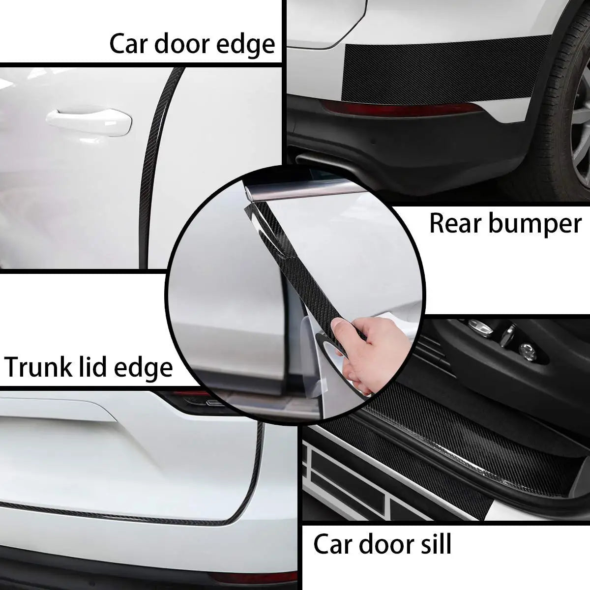 Diagram showing carbon fibre wrap tape applied to a car's door edge, rear bumper, trunk lid edge and door sill.