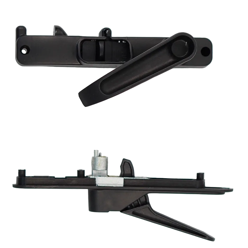 3-Point Caravan Door Lock handle shown open above its rear mounting plate and internal lock mechanism, on white background.