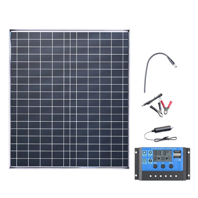 Portable 12V solar panel kit with battery clips, cigarette lighter plug and digital solar charge controller