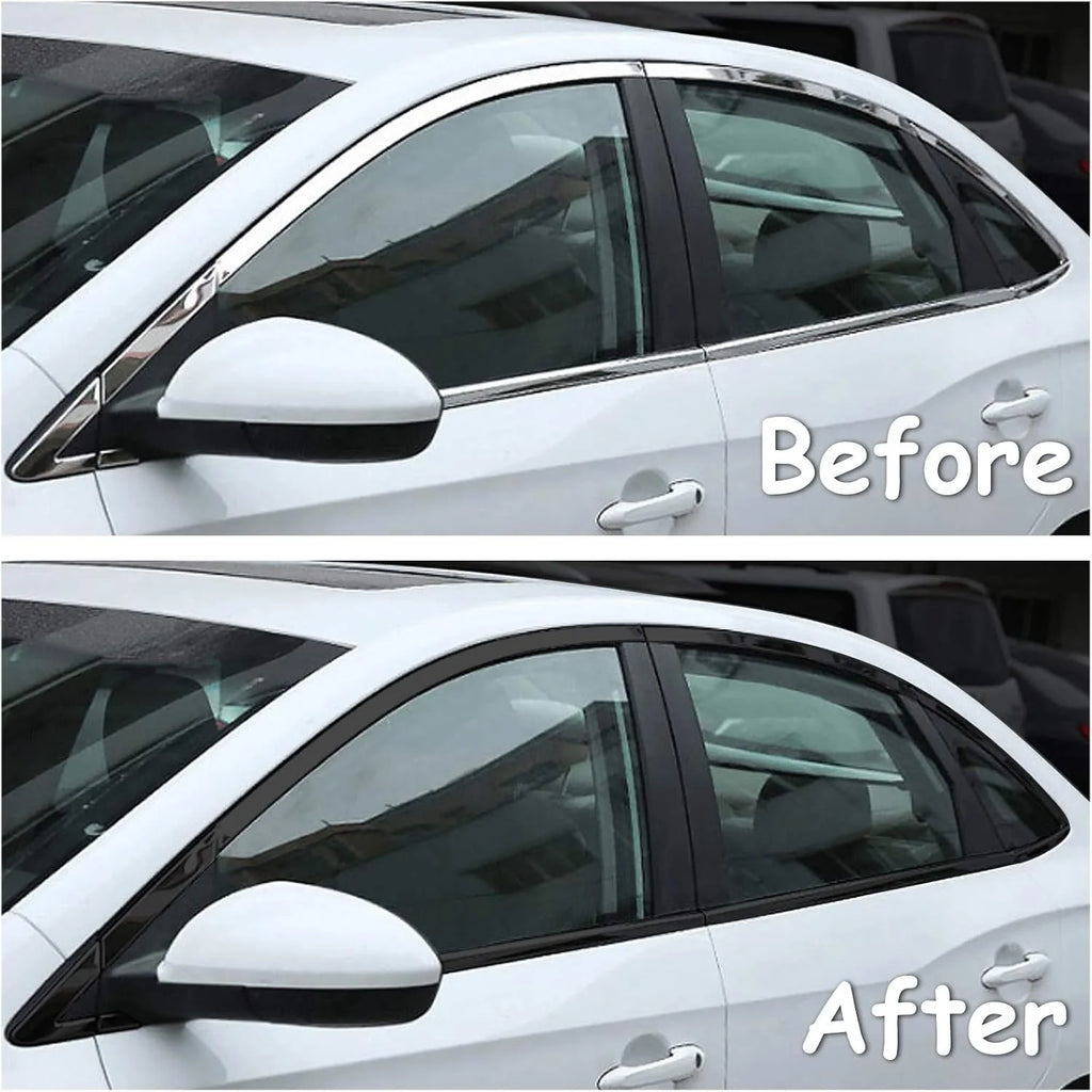 Before and after comparison of a car window trim, chrome replaced with Gloss Black Trim Wrap vinyl