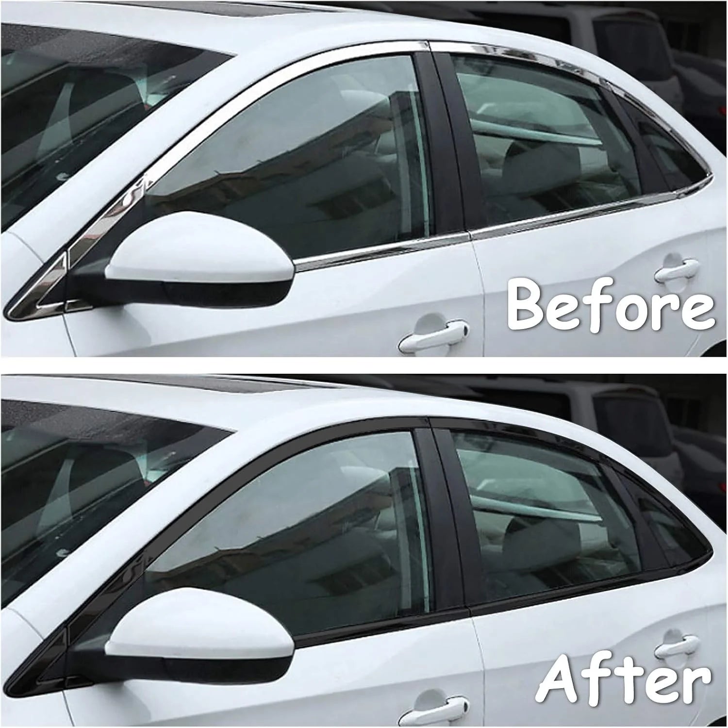 Before and after comparison of a car window trim, chrome replaced with Gloss Black Trim Wrap vinyl