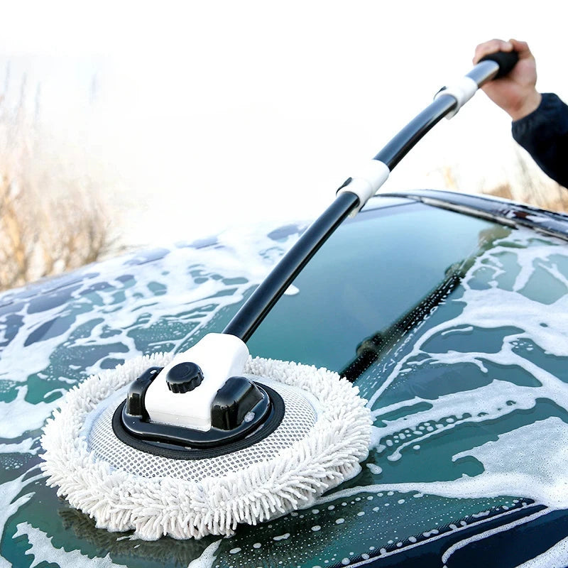 Heavy-Duty Telescopic Car Wash Mop cleaning a soapy car windscreen with aluminium extendable handle