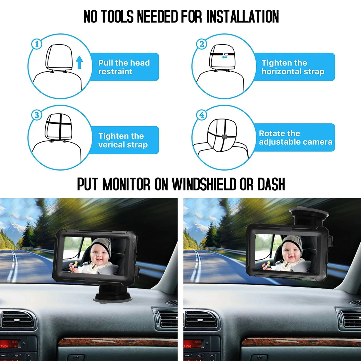 Installation diagram for a baby car camera showing headrest mounting straps and dashboard monitor placement in four steps