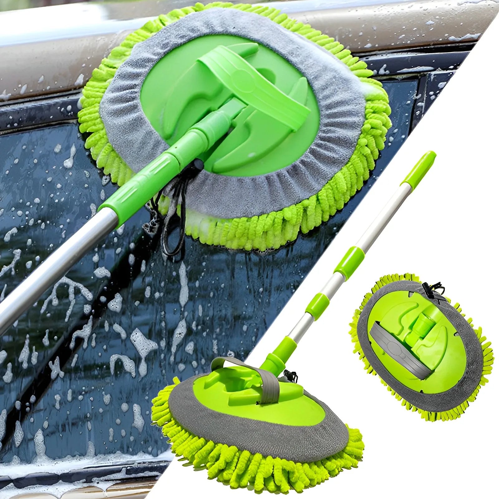 Green and gray car cleaning brush with extendable handle on a car window.
