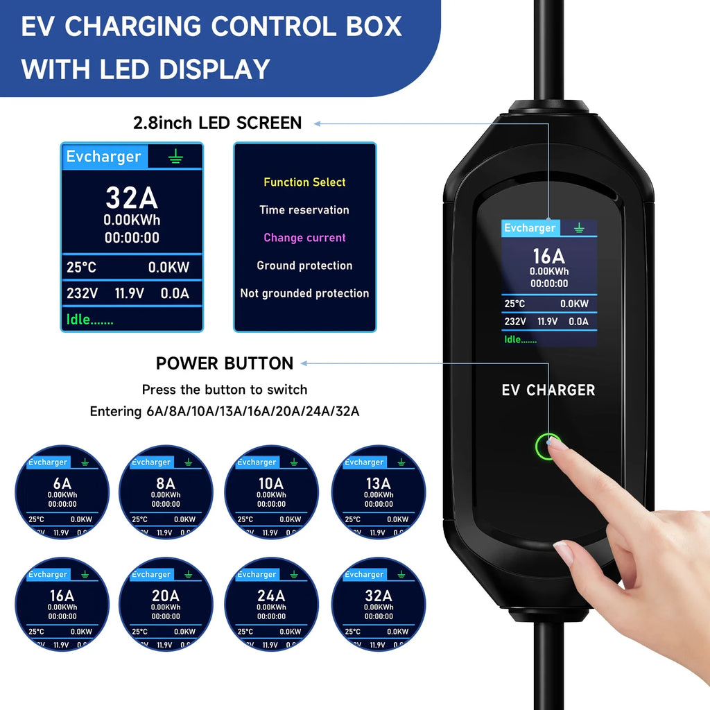 EV charging control box with a 2.8 inch LED screen showing amperage settings from 6A to 32A