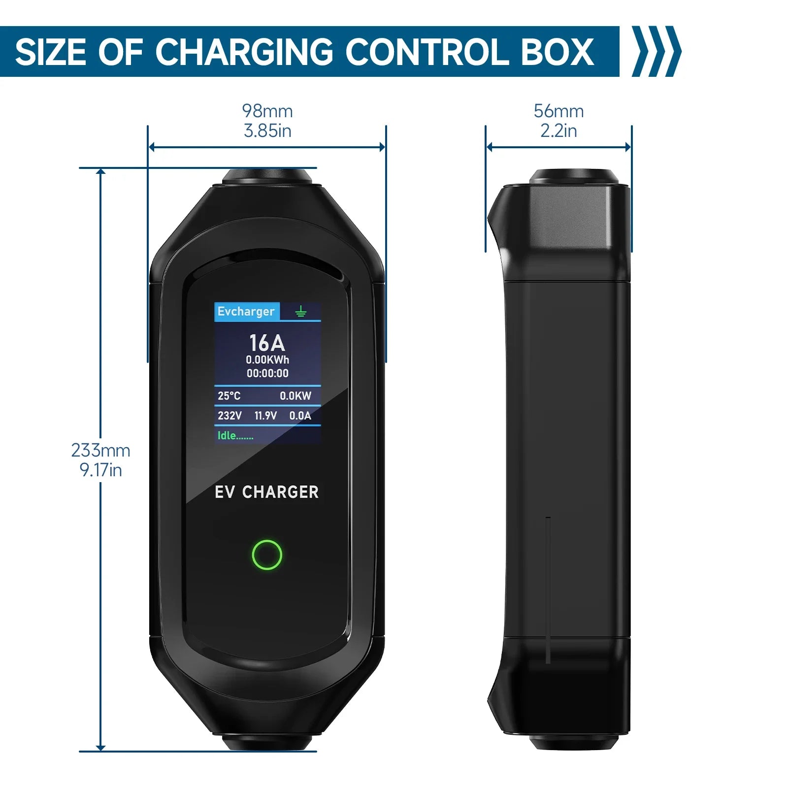 Diagram showing the EV charging control box dimensions in millimetres and inches