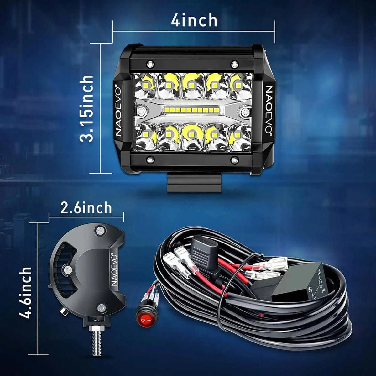 Dimension diagram of the 4-inch LED driving pod (4 x 3.15 inches) and mounting bracket (2.6 x 4.6 inches) with wiring harness