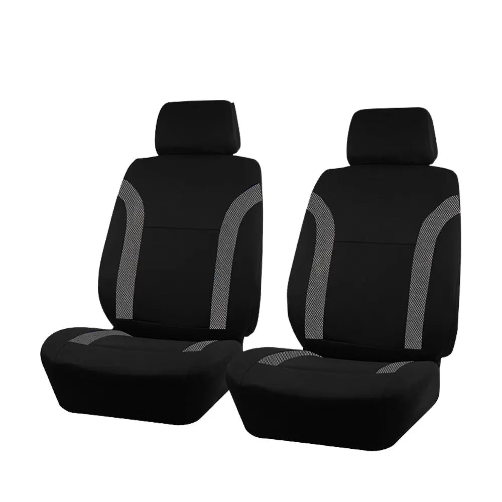 Black and grey trim Breathable Mesh Seat Cover front pair only shown on white background with matching headrest covers