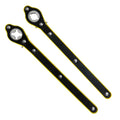 Pair of yellow and black ratchet wrenches for car scissor jacks on white background