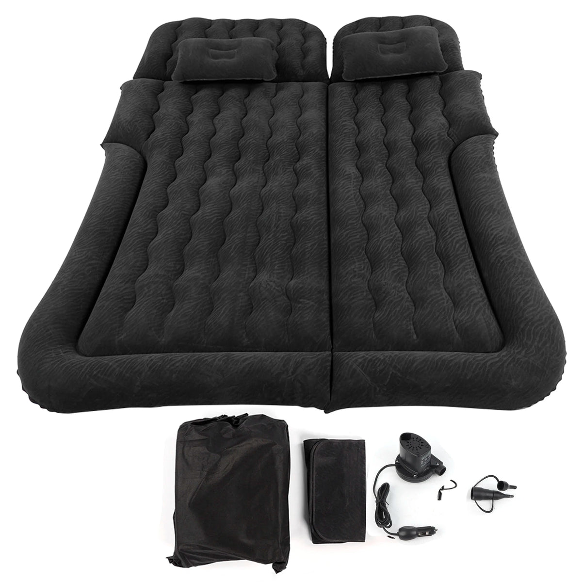 Back-seat car air mattress kit with two pillows, storage bag, repair patch, 12V electric air pump and nozzle