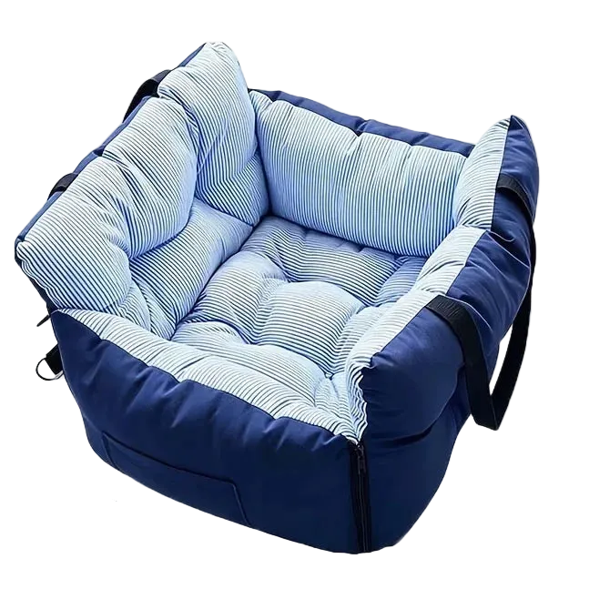 Navy and blue striped Pet Car Bed with padded bolster walls and quilted cushion on a white background