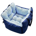 Navy and blue striped Pet Car Bed with padded bolster walls and quilted cushion on a white background