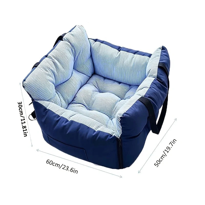 Striped Pet Car Bed dimensions diagram showing 60 cm length, 50 cm width and 30 cm height