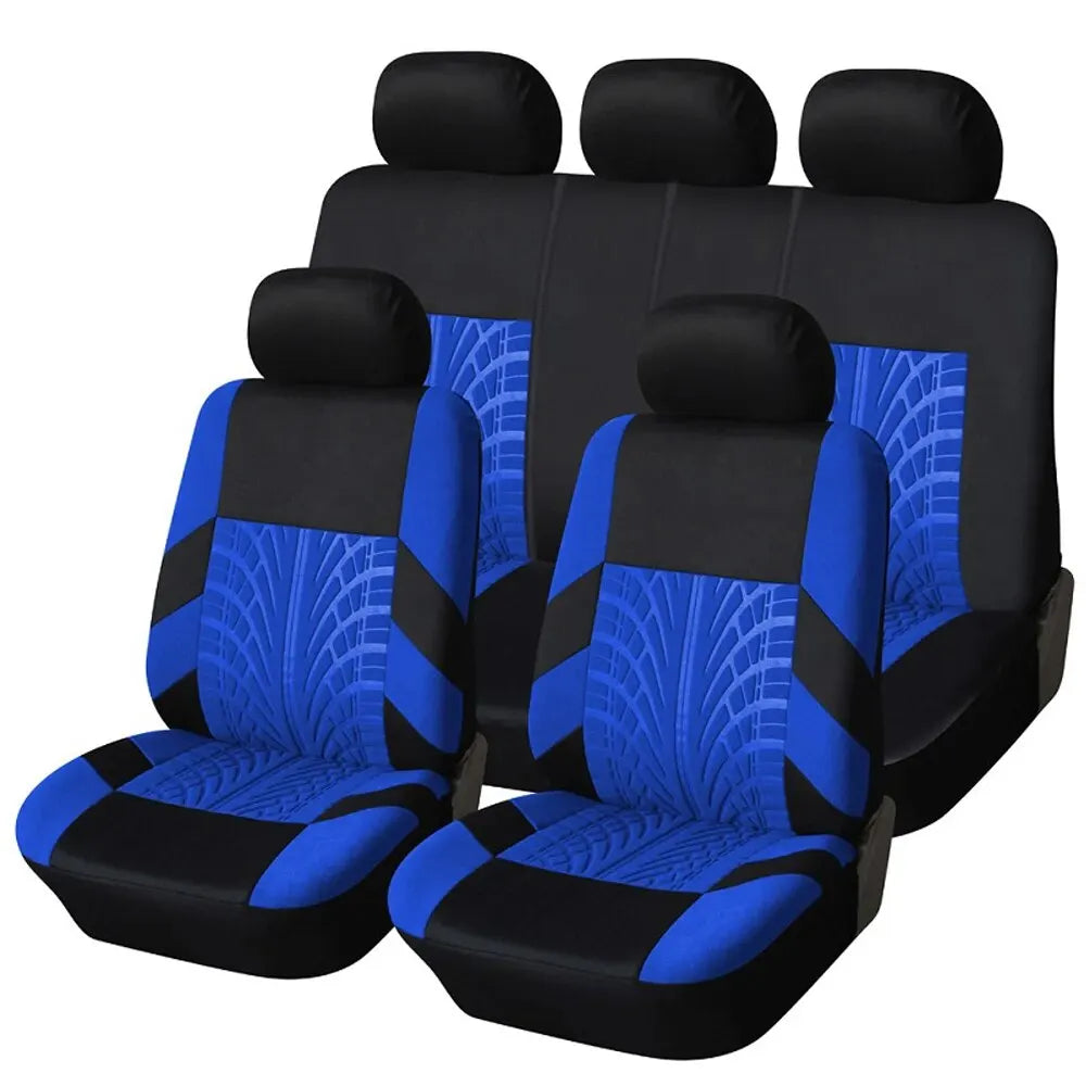 Full set of Ocean Blue and black universal car seat covers laid out on a white background.