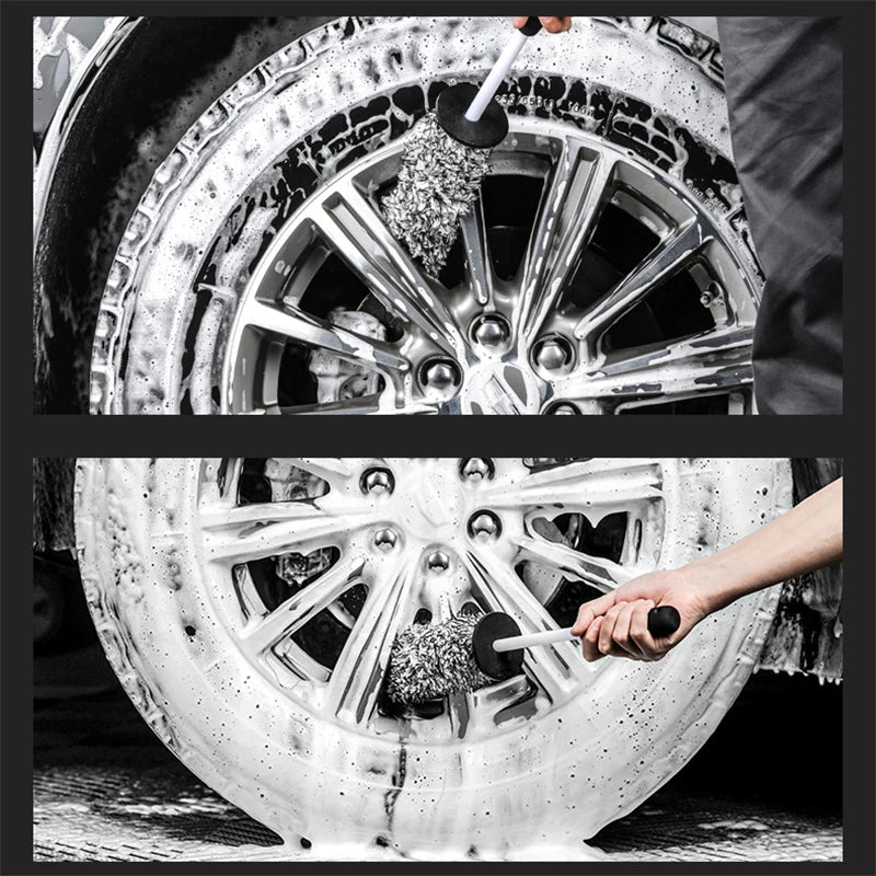 Coral fleece wheel brush and microfibre wash mitt combo scrubbing thick suds onto a car alloy wheel