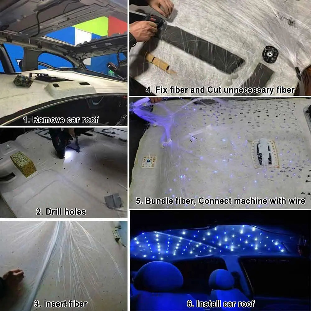 Six-step Fibre Optic Star Headliner installation: remove roof lining, drill holes, insert fibres, trim, connect light engine and refit