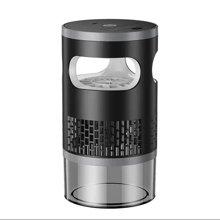 Rechargeable Suction Mosquito Trap with black cylindrical body, air intake slots and clear collection base on a white background