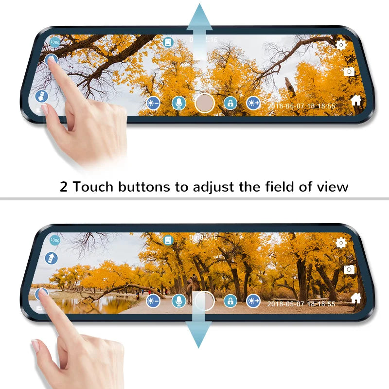 Streaming Mirror Dash Cam close-up of a finger using the touch buttons to adjust the camera field of view against an autumn tree backdrop