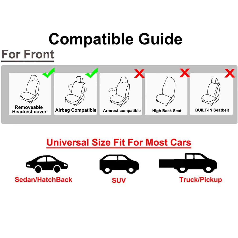 Vehicle compatibility guide showing the Football Embroidery Seat Covers fit sedans, SUVs and trucks