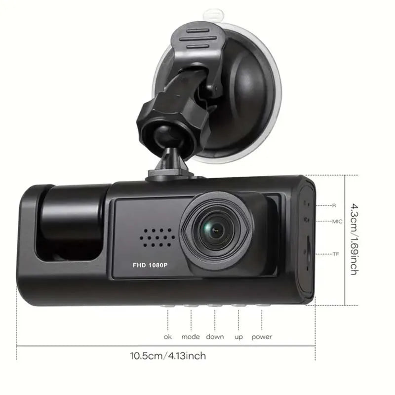 3-Camera Dash Cam main recorder unit product photo with device dimension measurement