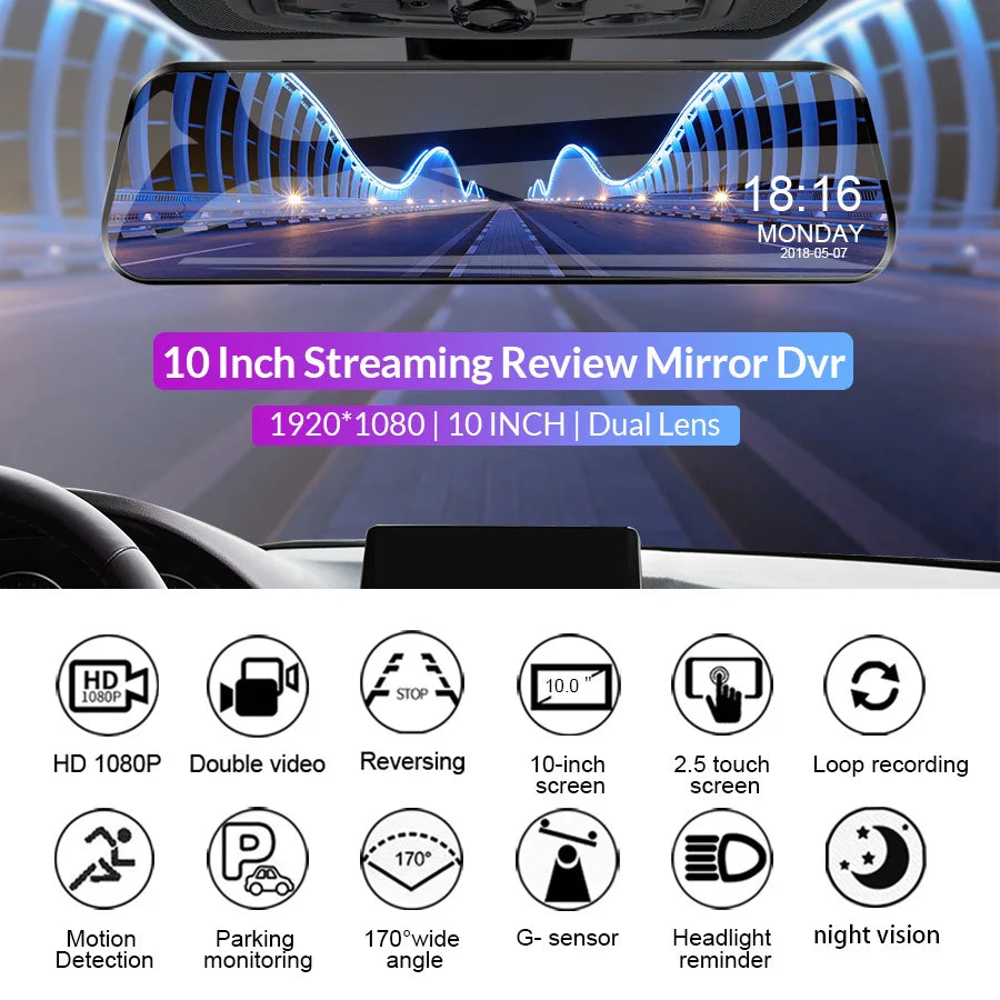 Streaming Mirror Dash Cam mounted on a windscreen displaying 1920x1080 dual lens night-time tunnel footage on the 10 inch streaming mirror screen