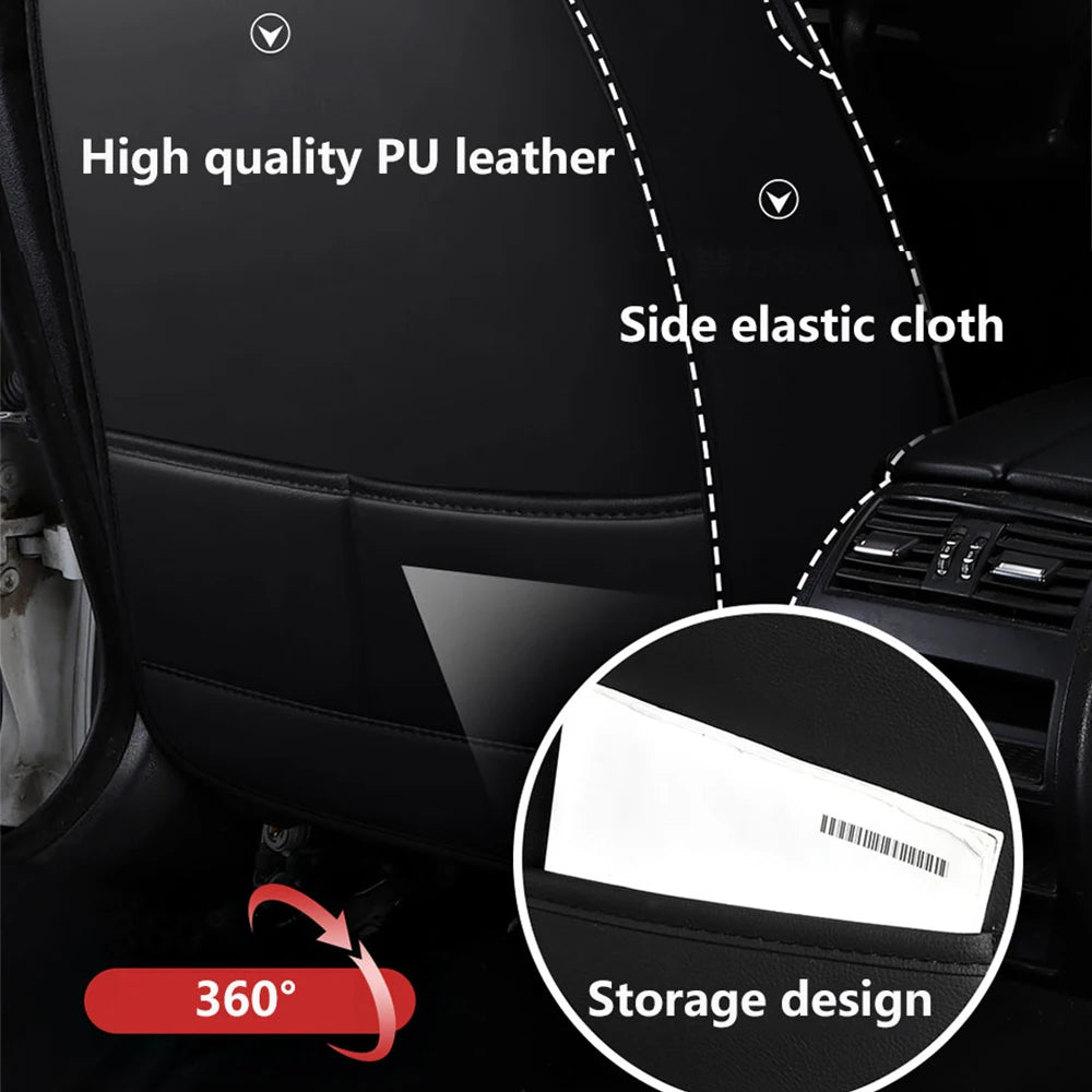 Feature close-up of Leather Car Seat Cover showing high quality PU leather, side elastic cloth fit and built-in 360 degree storage pocket design