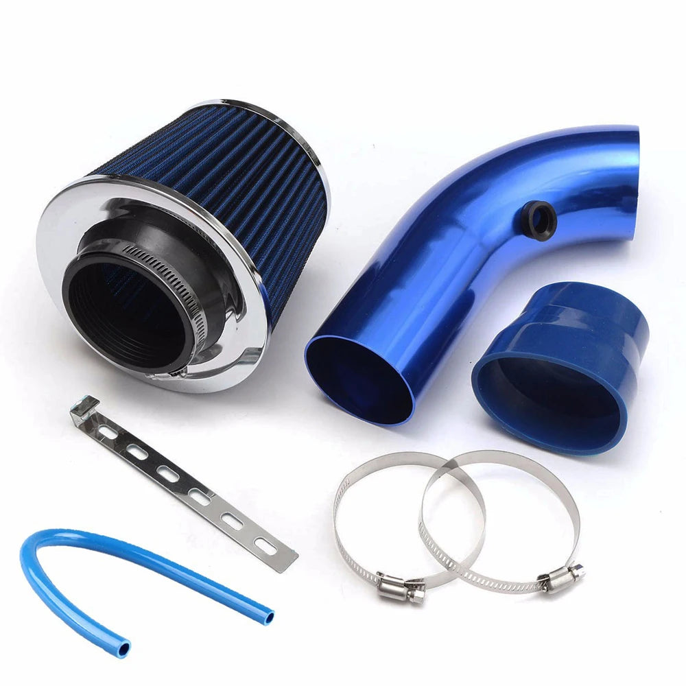 Blue anodised cold air intake kit with cone air filter, intake pipe, coupler and hose clamps on a white background