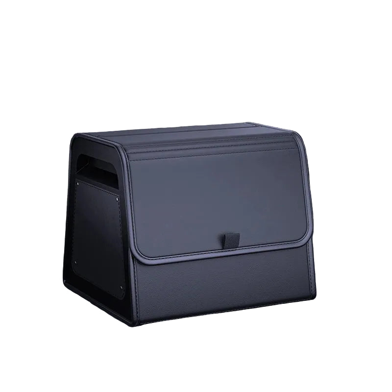 Black Magnetic Leather Boot Organiser with quilted diamond-stitch lid, shown on a white background