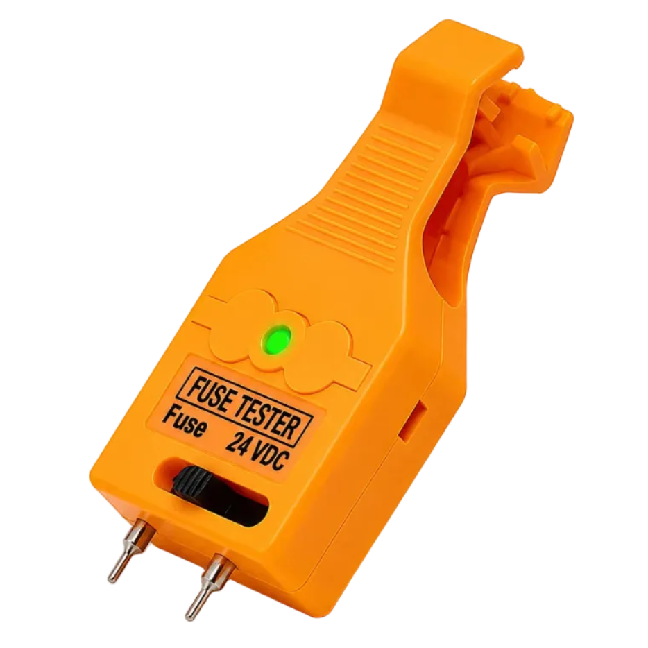 Orange LED Blade Fuse Tester with green indicator light, test probes and 24 VDC label