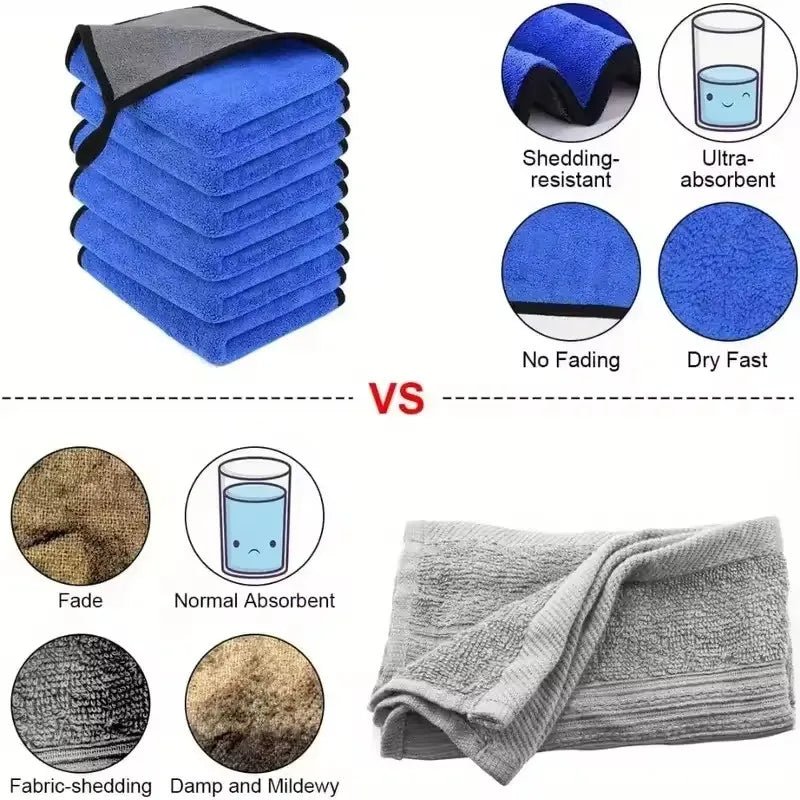 Comparison infographic showing microfibre car wash towel shedding-resistant, ultra-absorbent, no-fading and quick-dry benefits versus a standard towel