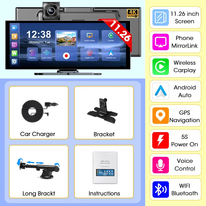 Widescreen 4K CarPlay Dash Cam package contents with car charger, bracket, long suction bracket and instructions, plus feature list