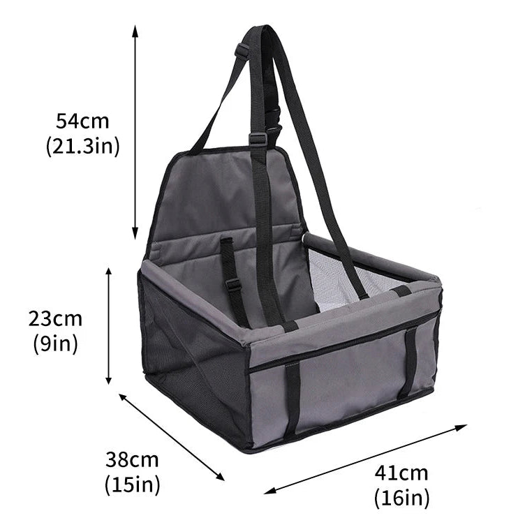 Grey Hanging Pet Car Seat dimensions diagram showing 41 cm width, 38 cm depth, 23 cm height and 54 cm strap drop