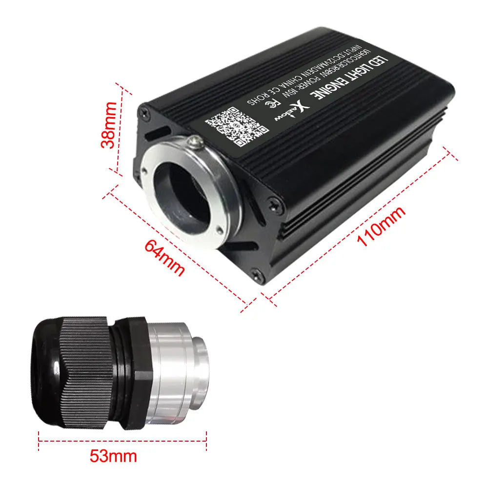 Fibre Optic Star Headliner light engine measuring 110 x 64 x 38 mm with 53 mm fibre connector