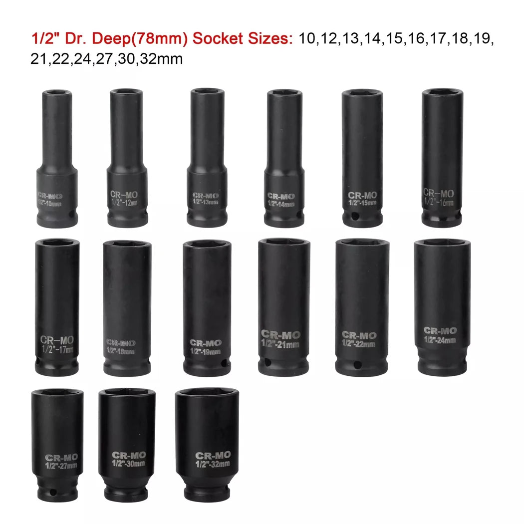 1/2 inch drive deep impact sockets from the Impact Socket Set in sizes 10mm to 32mm laid out on a white background