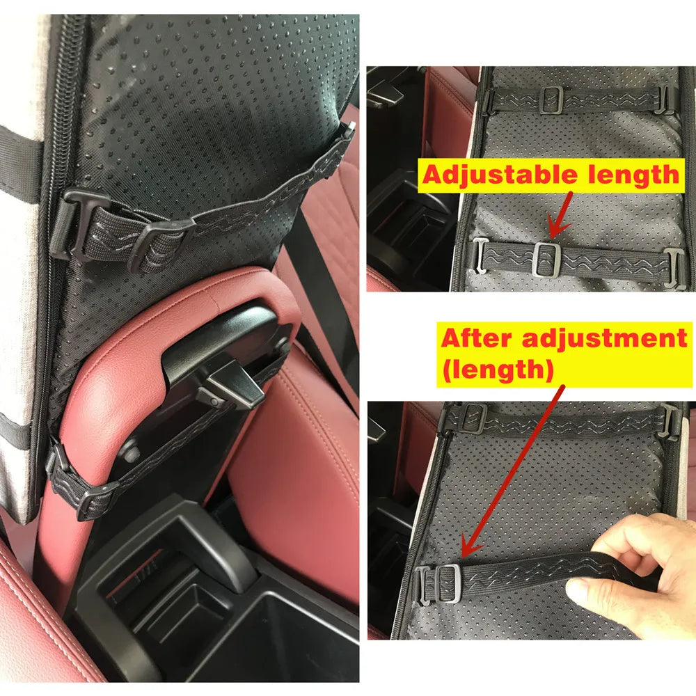Close-up photos showing the console pet booster seat's adjustable rear strap buckled around a car headrest