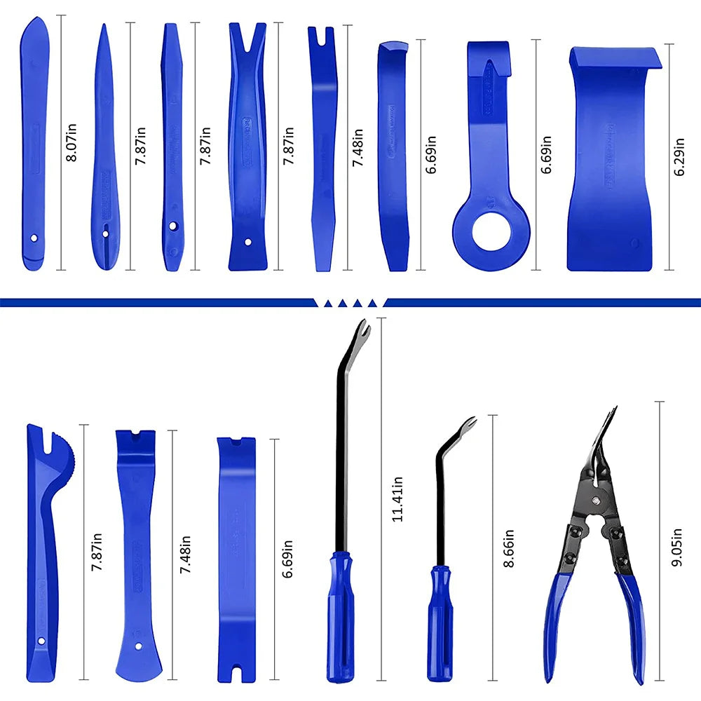 Fifteen tools from the interior trim removal kit, including pry bars, hooks and panel clip pliers, shown individually with their lengths labelled in inches.