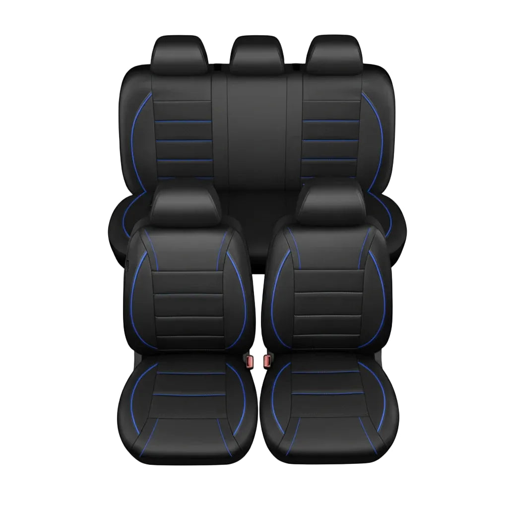 Universal Leather Seat Covers in black with blue stitching covering a full 5-seat set, front view on white background