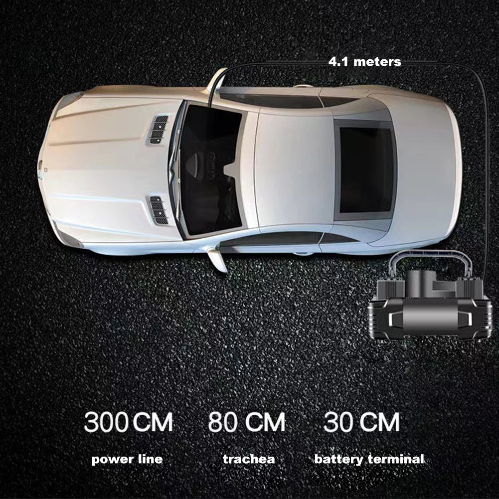 Twin-Cylinder Digital Air Compressor beside a car showing 300 cm power cord, 80 cm air hose and 4.1 m total reach