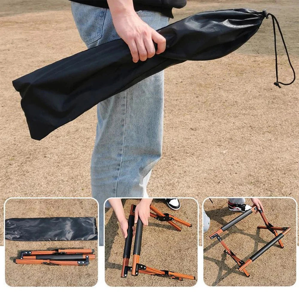 Person carrying the folded cooler stand in its storage bag, with step-by-step unfolding photos shown below