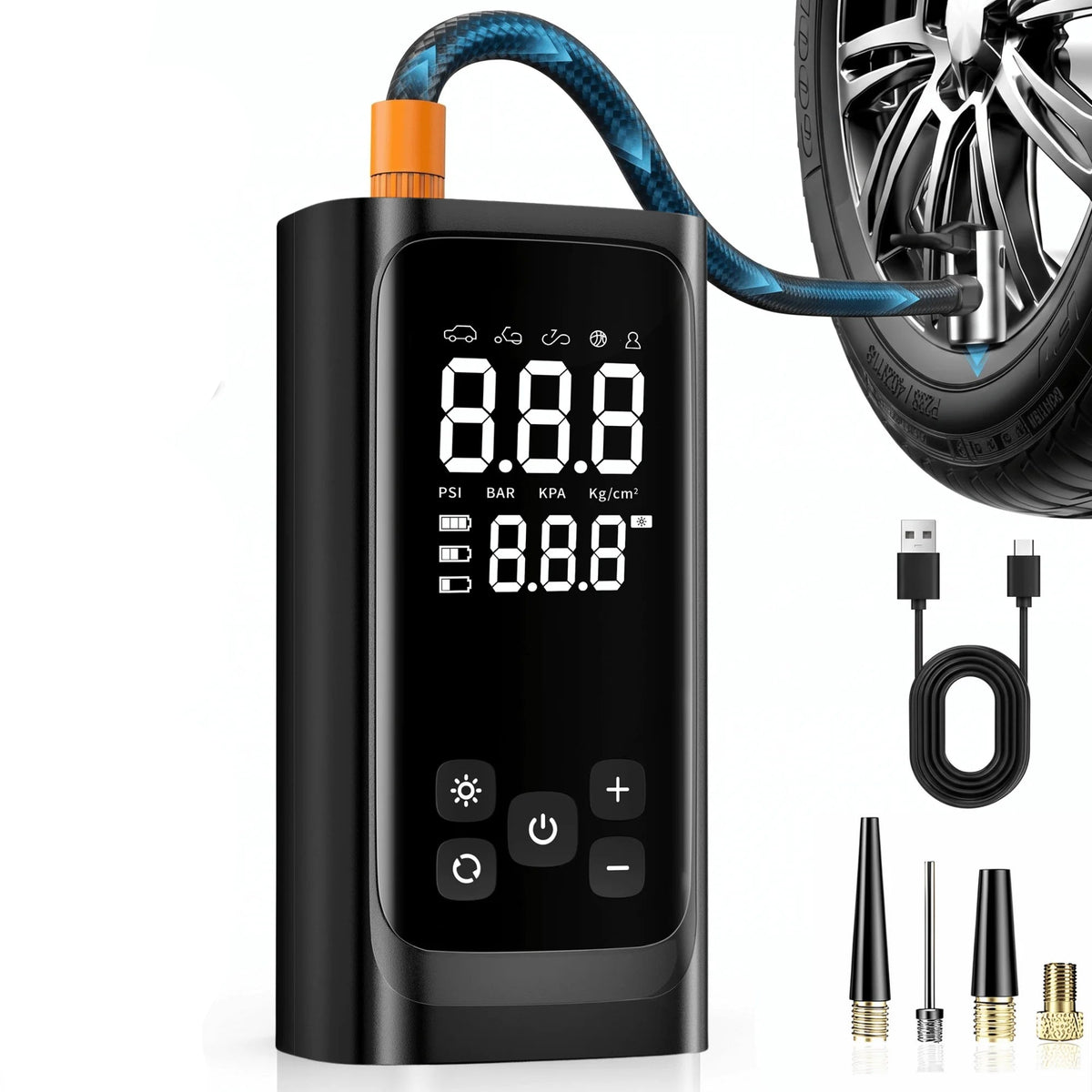Rechargeable Digital Tyre Pump with digital display, air hose, USB charging cable and inflation needle and nozzle adaptors