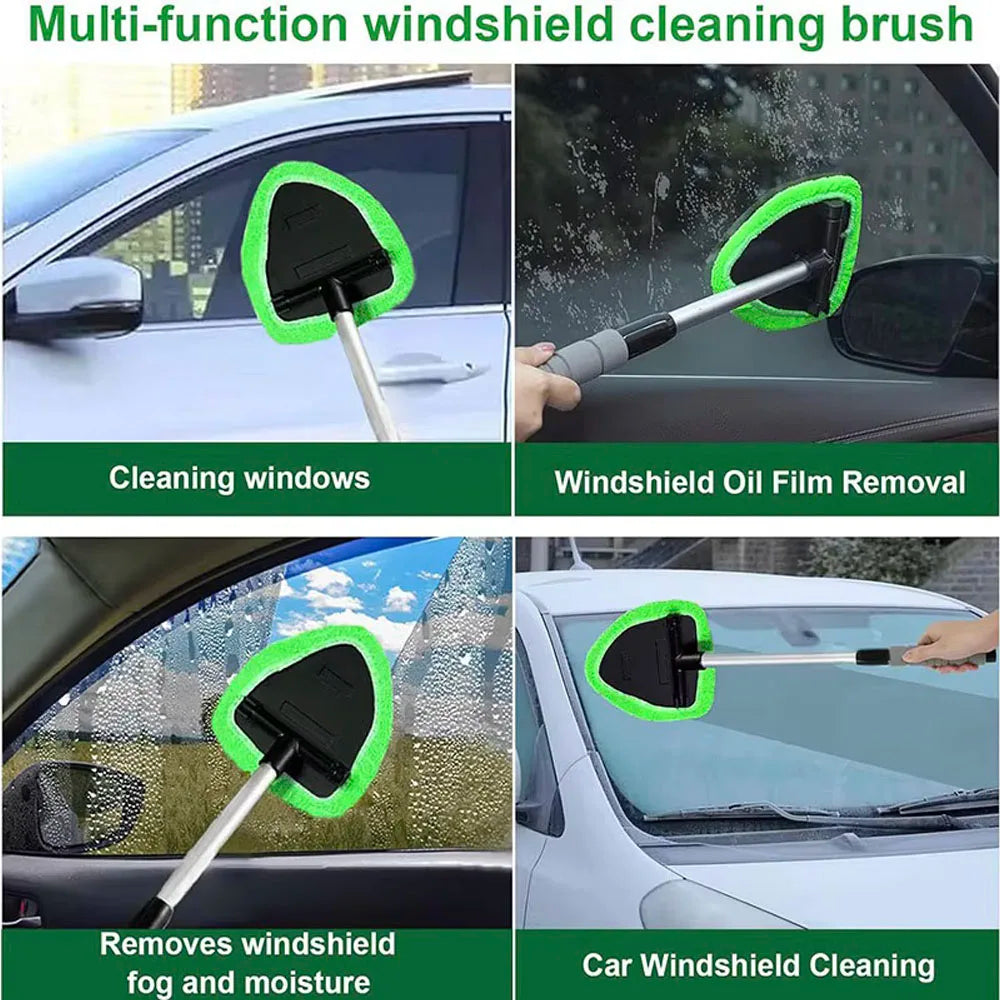 Telescopic car window cleaning brush being used for window cleaning, oil film removal and fog removal